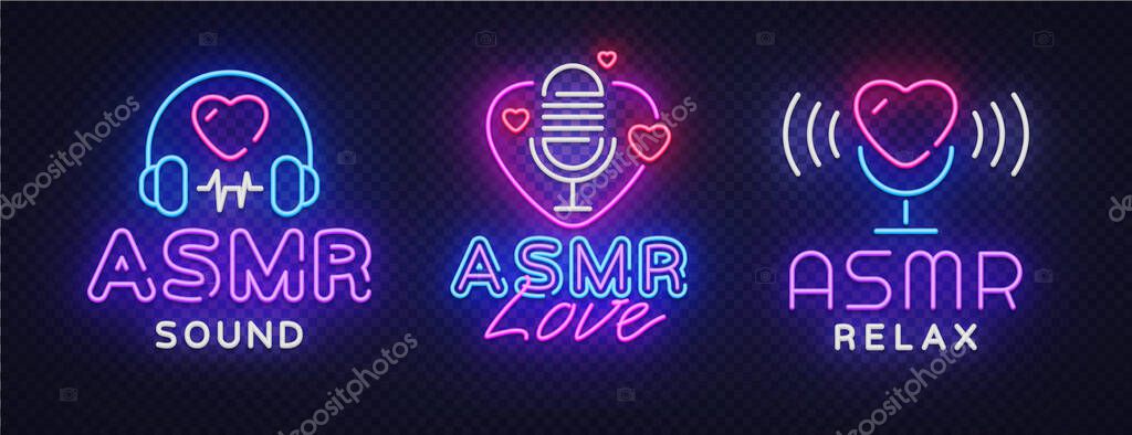 ASMR Neon signs set Vector. Asmr Love neon sign, design template, modern trend design, night signboard, night bright advertising, light banner, light art. Vector illustration.
