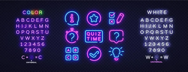 Quiz Neon Icons Set Quiz Time Neon Signs Design Template — Vetor de Stock