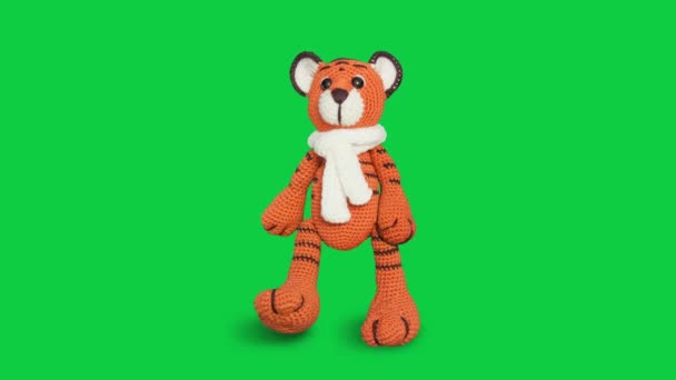 Handmade Stuffed Knitted Toy Animation Walking Cute Baby Tiger Symbol — Stock Video