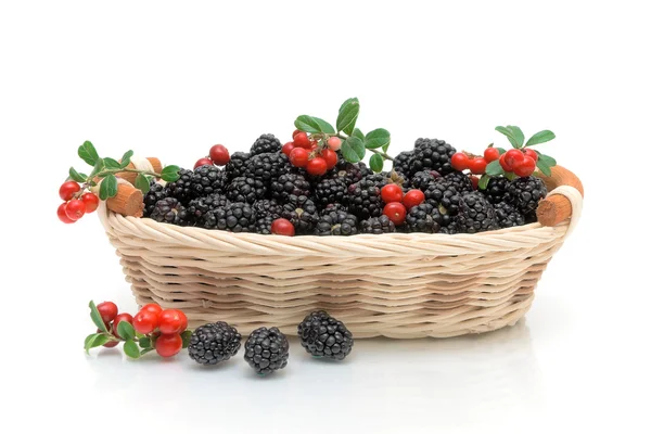 Ripe and juicy blackberries and cranberries on a white backgroun — Stock Photo, Image