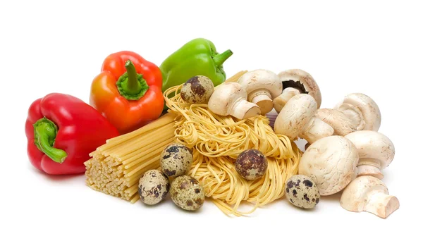 Pepper, pasta, mushrooms, eggs on a white background — Stock Photo, Image