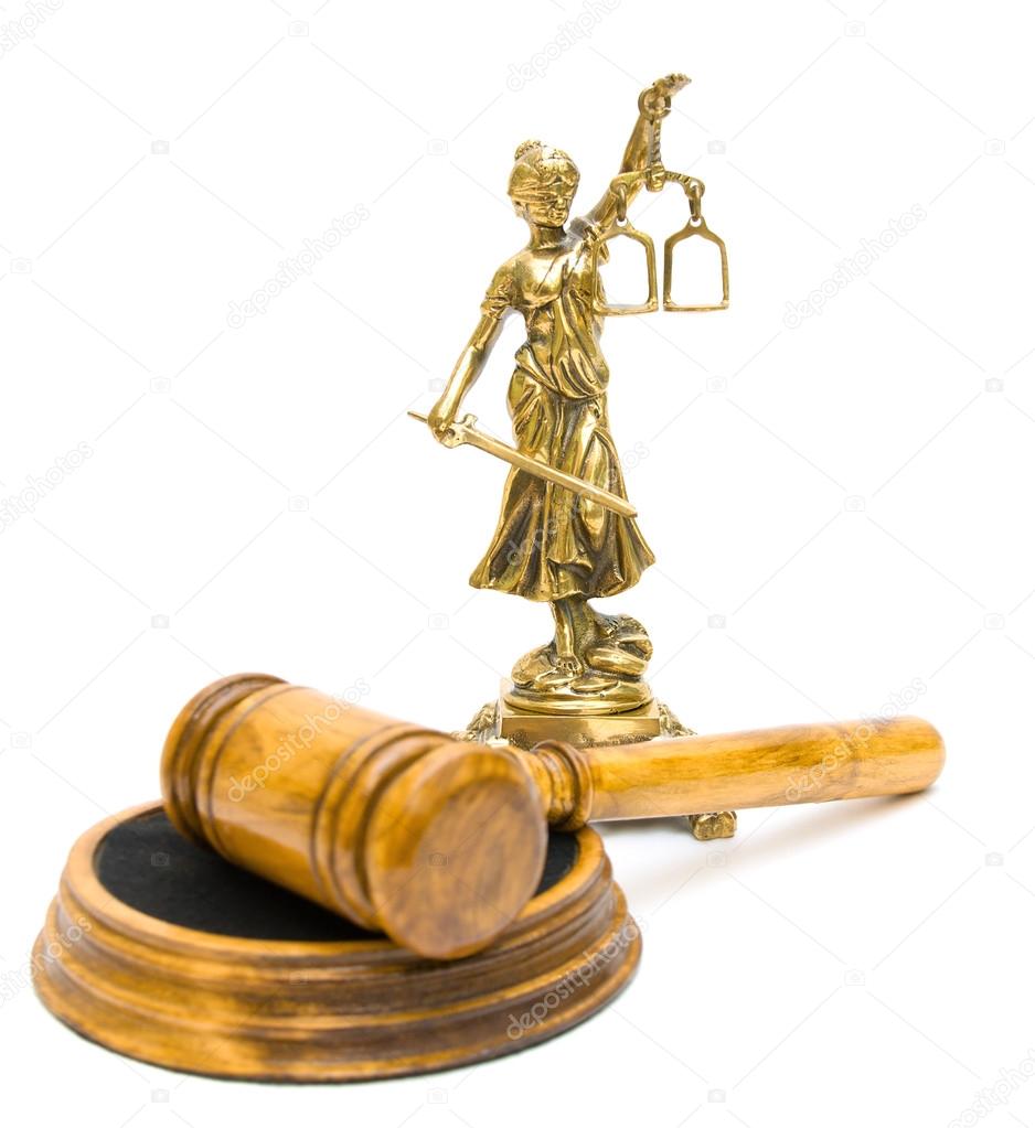 Statue of justice and gavel on white background