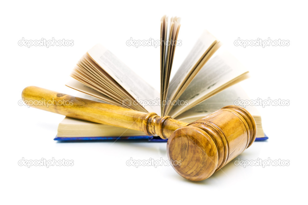 Gavel and books on white background