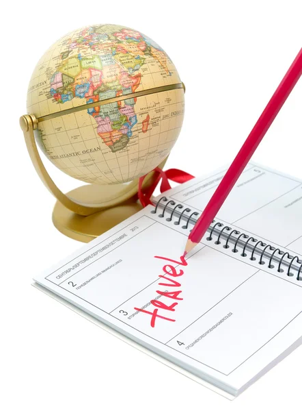 Notebook, a pencil and a globe on a white background — Stock Photo, Image