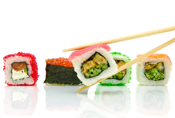 Japanese sushi and chopsticks on white background — Stock Photo, Image