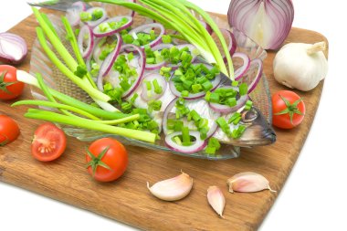 ringa balığı, domates, soğan ve sarımsak portre