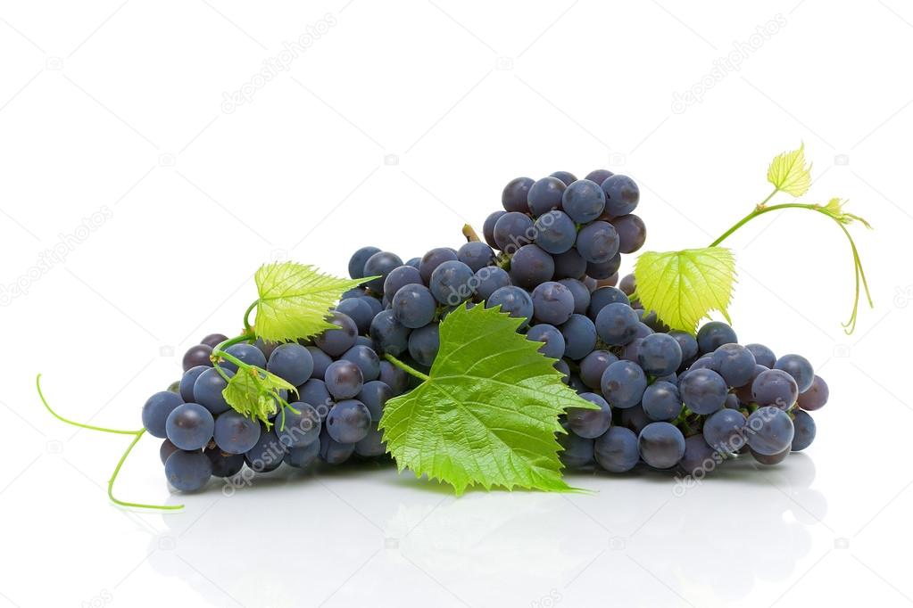 bunch of ripe grapes with green leaves close up