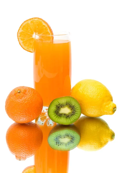 Fruit and glass of juice on a white background — Stock Photo, Image