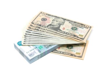 ABD Doları ve beyaz zemin üzerine Rus ruble