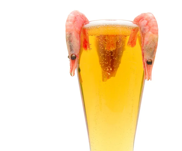 Glass of light beer and shrimp on a white background — Stock Photo, Image