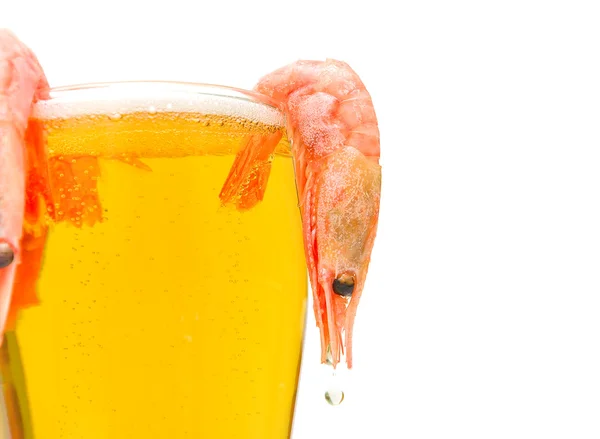 Glas Bier und Garnelen auf weißem Hintergrund — Stockfoto