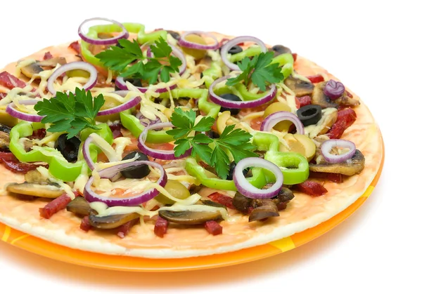 Appetizing pizza closeup on a white background — Stock Photo, Image