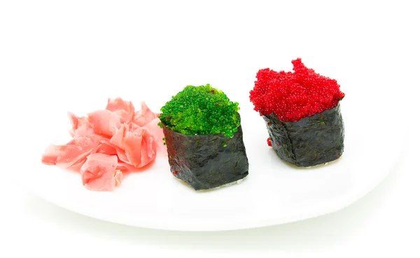 Köstliches Sushi mit Kaviar auf weißem Hintergrund. horizontaler ph-Wert — Stockfoto