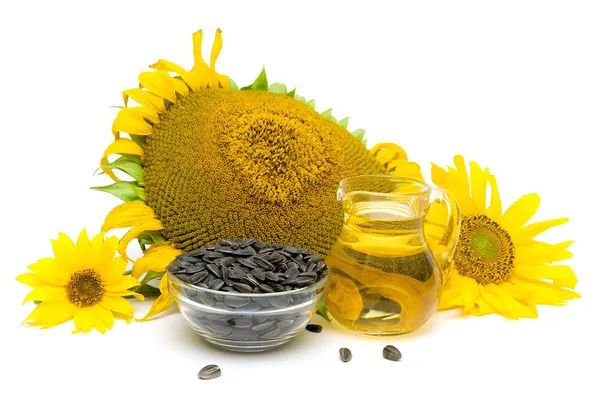 Sunflower seeds, flowers and oil on a white background — Stock Photo, Image