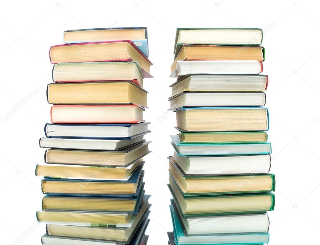 stack of books on a white background with reflection