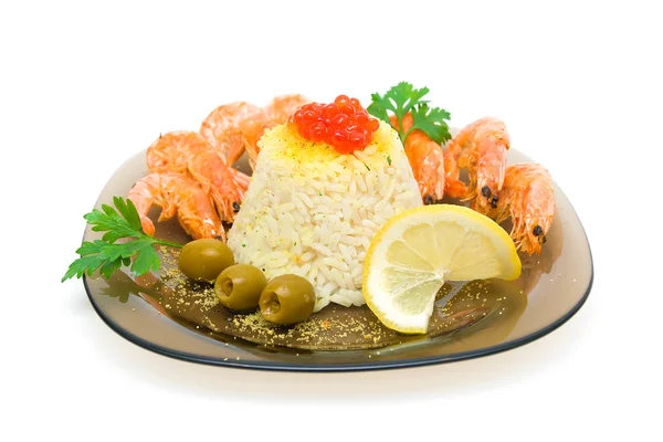 Rice with grilled shrimp on a plate on a white background — Stock Photo, Image