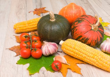 Olgun taze sebze ve akçaağaç yaprakları yakın çekim.