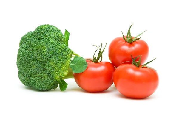 Tomatoes and broccoli isolated on white background — Stock Photo, Image