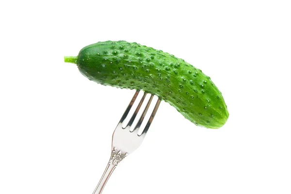 Cucumber on a fork on a white background — Stock Photo, Image