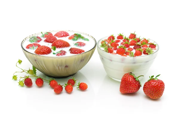 Fresas maduras y leche de fresa sobre un fondo blanco — Foto de Stock