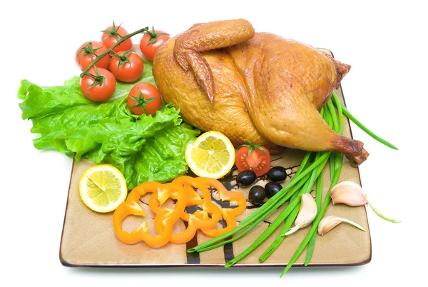 Smoked chicken with vegetables closeup on white background. — Stock Photo, Image