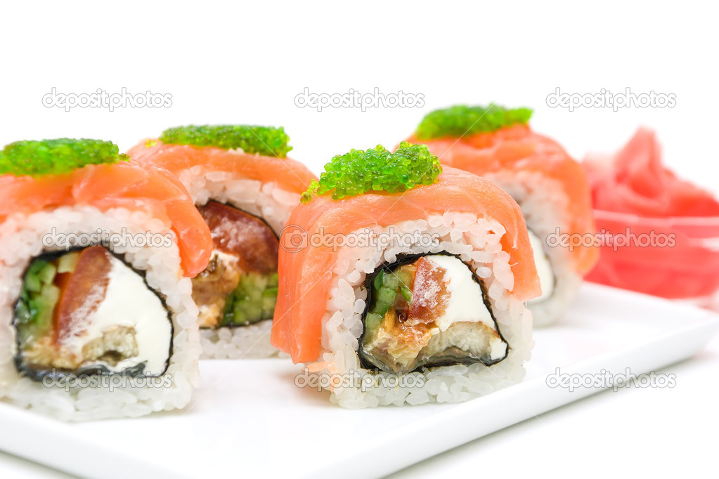 Japanese rolls close-up on white background.