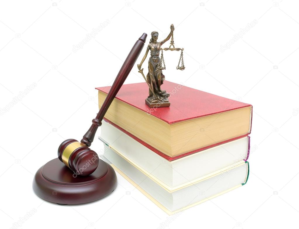 books, gavel and justice statue isolated on white background