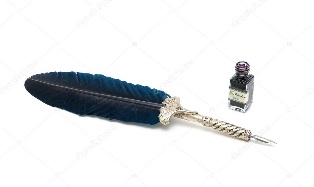 Feather pen and inkwell Isolated on a white background