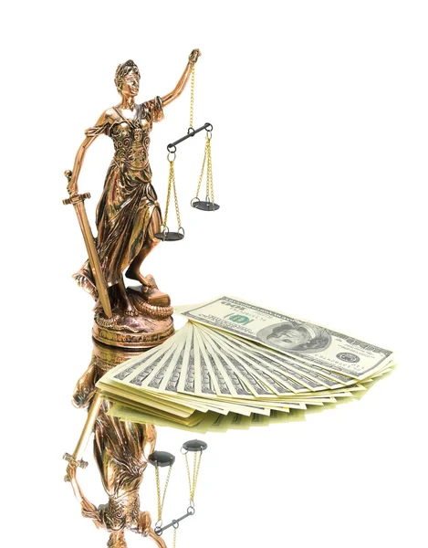 Statue of justice and money on white background. — Stock Photo, Image