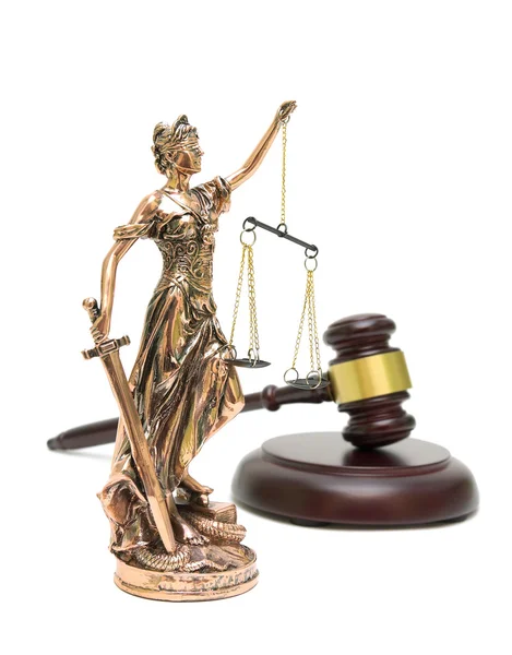 Statue of justice and gavel isolated on white background — Stock Photo, Image