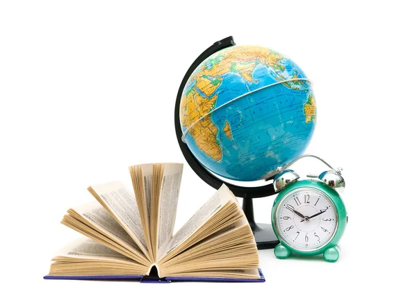 Book, globe and alarm clock isolated on white background — Stock Photo, Image