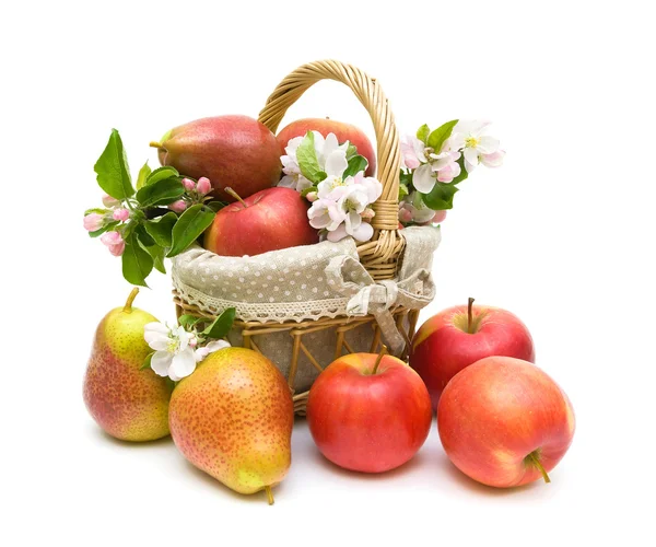 Груши и яблоки в корзине на белом фоне — стоковое фото