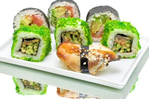 Sushi and rolls on a white background — Stock Photo, Image