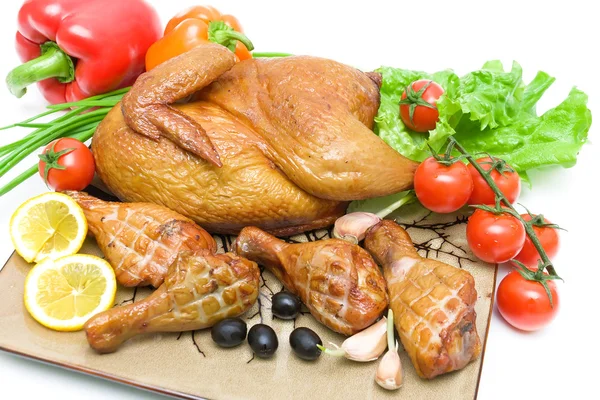 Smoked chicken and vegetables closeup on white background — Stock Photo, Image