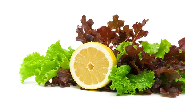Frischer Salat und Zitrone auf weißem Hintergrund — Stockfoto