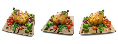 Beyaz arka planda izole edilmiş sebzeli ızgara tavuk. yatay resim.