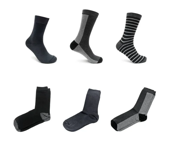 Κάλτσες Διαφόρων Χρωμάτων Και Σχεδίων Λευκό Φόντο Οριζόντια Φωτογραφία — Φωτογραφία Αρχείου
