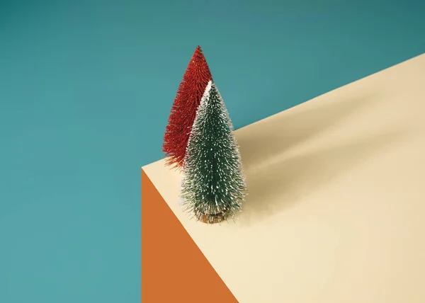 Pohon Natal Merah Dan Hijau Dengan Latar Belakang Geometris Konsep — Stok Foto