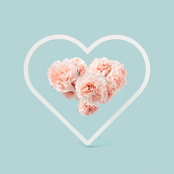 Peonia Pink Flowers Arrangement Heart Shaped Frame Minimal Light Blue — Stok Foto