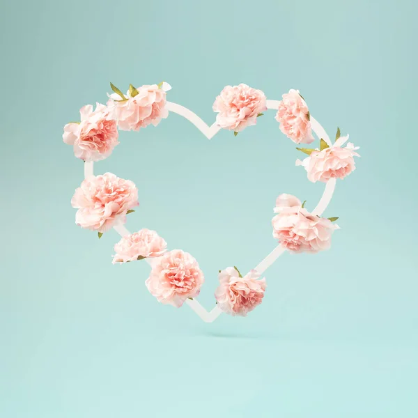 Flowers Arranged Heart Shape Pastel Blue Background Romance Love Minimal — Stok Foto