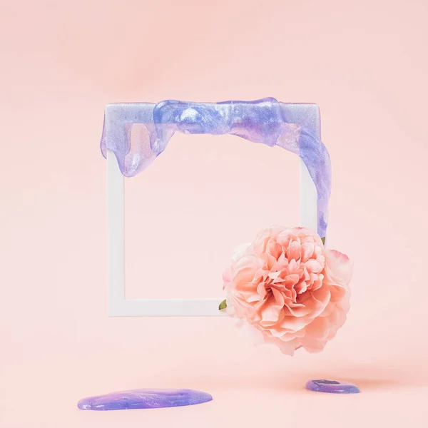 Romantic Square Frame Pink Flower Violet Slime Dripping Pastel Pink — Stock Fotó