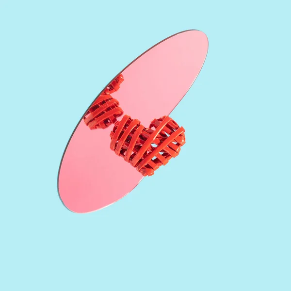 Woven Red Heart Mirror Side Pastel Blue Background Surreal Compatible — Stok Foto