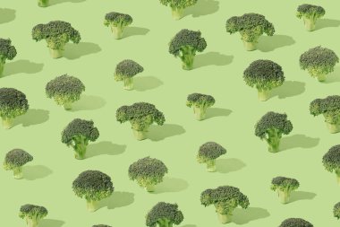 Pastel yeşil arka planda çeşitli brokoli çiçeklerinden yapılmış desen. Yeşil çevre asgari kavram.