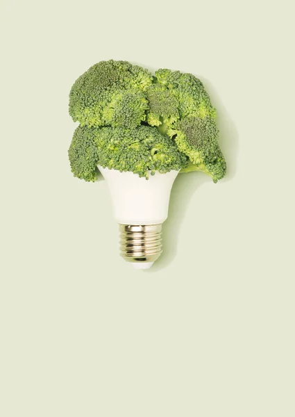 Brokkoli Inneren Einer Glühbirnenkappe Auf Pastellgrünem Hintergrund Konzeptioneller Hintergrund Grüner — Stockfoto