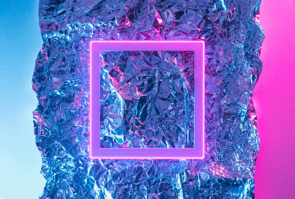 Metallic Grunge Oppervlak Met Roze Neon Frame Retro Futurisme Abstracte — Stockfoto