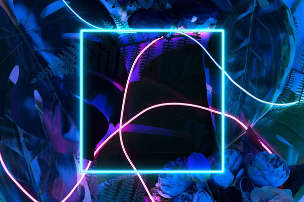 Neon Vierkante Frame Een Donkere Bloemen Jungle Achtergrond Conceptuele Template — Stockfoto