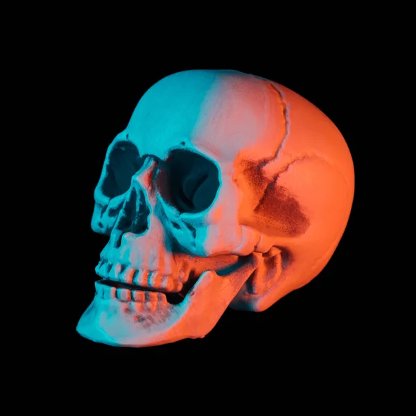 Human Skull Illuminated Orange Teal Lights Dark Background Cyberspace Death — Stock Photo, Image