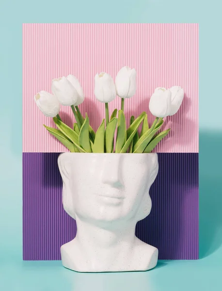 Socha Kamenné Hlavy Tulipánovými Květy Růžovém Purpurovém Pozadí Jaro Letní — Stock fotografie