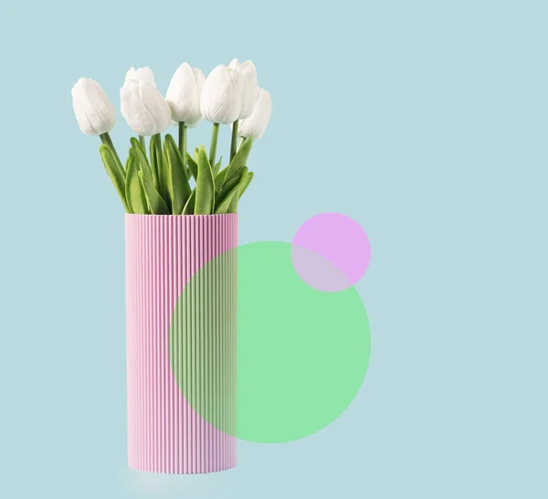 Fondo Artístico Retro Con Tulipanes Jarrón Elementos Circulares Primavera Onda —  Fotos de Stock