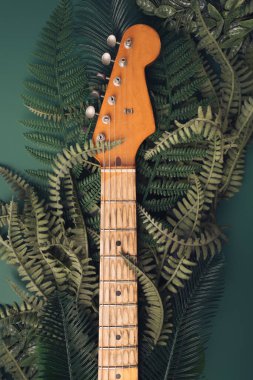 Vintage electric guitar neck with leaves and branches behind. Natural music background.